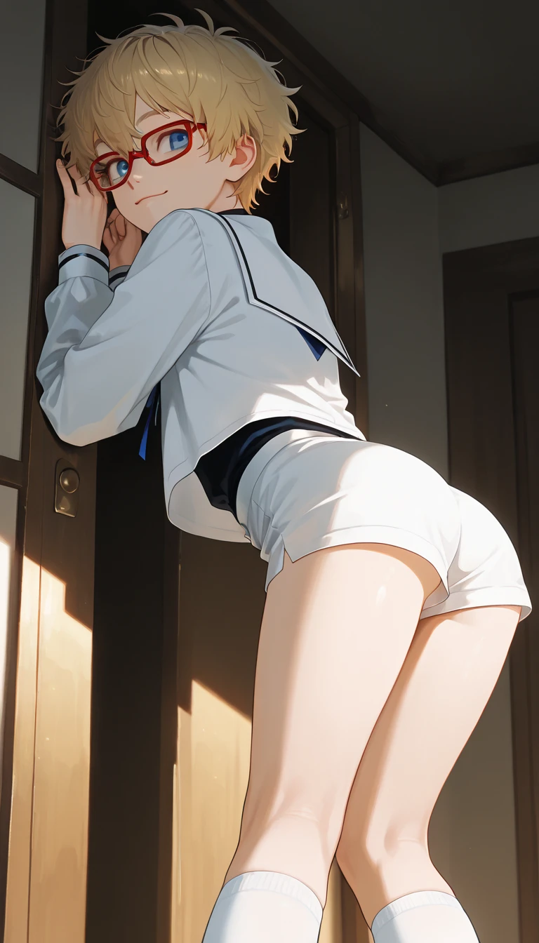 1girl in, Parted lips, blush, makeup, lightsmile, School uniform, Full body, Wide Angle, frombelow, crass room, llight rays, Glow, thighs thighs thighs thighs, 鎖骨, Narrow waist, (masutepiece), Dark hair color、White lace panties、posterior view、Back、emphasis on the buttocks、Shiny buttocks