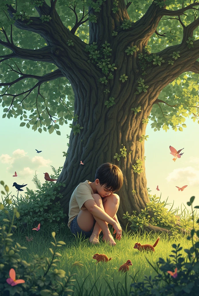 Real image of a nine-year-old boy alone and thoughtful, focusing on your imaginative gaze and mess under the shade of a small, flowerless and fruitless tree, more than there are green leaves.