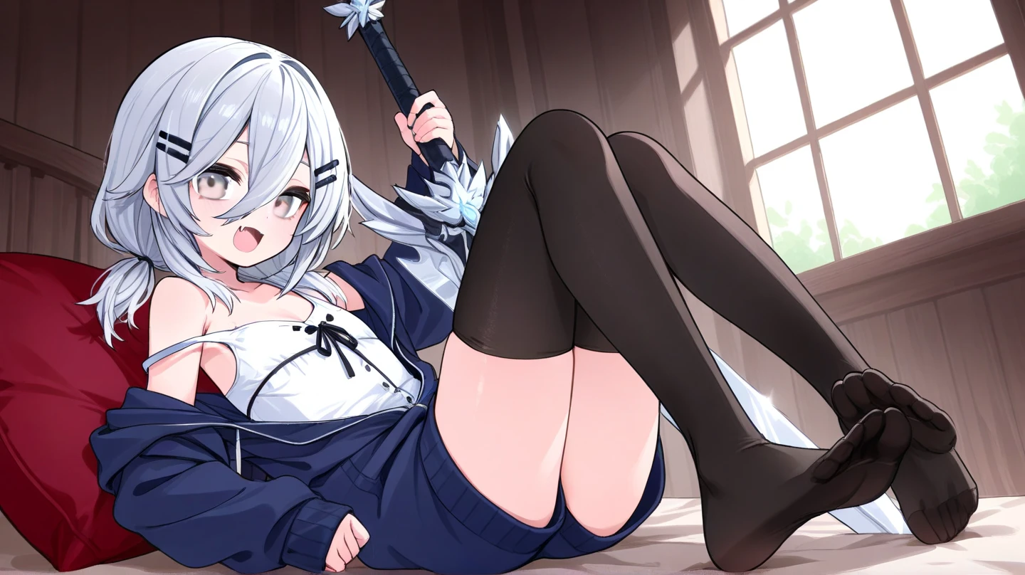 1 girl, five fingers, pencil skirt, looking down at the audience, Double tail, best quality,translucent panties focus, dynamic poses, Smile is seductive and smug, suit, Ripped crotchless black pantyhose, Transparent under crotchless pantyhose,  female office worker, spread legs，sexy and seductive，blush，stick out tongue，Big ，Transparent underwear