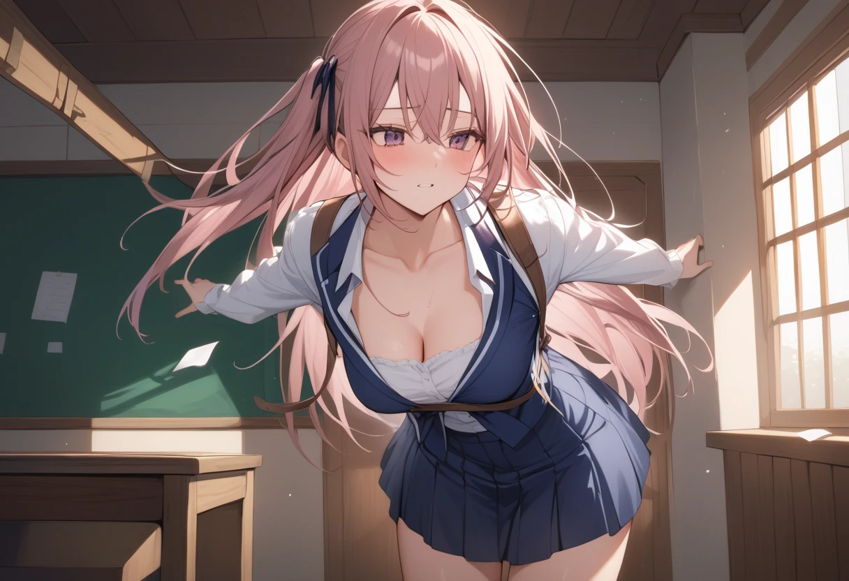 (throw_hand, pink vibrator remote switch in throw_hand, throw:1.2), highest quality, Super detailed, masterpiece, Ultra-high resolution, 8k, Ridiculous, Cowboy Shooting, Blurred, One girl, Focus on the girl, Embarrassing, blush, Lovely, With tears in her eyes and her mouth open, What saliva leaves behind, Wet skirt hem, (Sticky panties:1.1), (Light blue striped underwear), Bulging of the vibrator cord, Vibrator with Garters, [1girl, daiwa scarlet \(umamusume\), umamusume], (medium breasts), (school uniform), (cleavage), Sit on a chair, Classroom Background, (black stockings), (Thighs), (Waistline)
