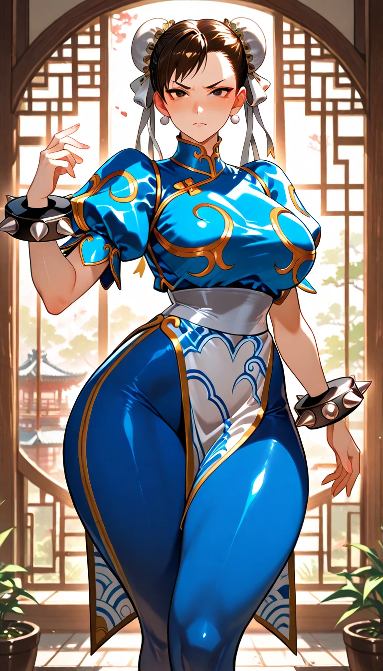 Chun-Li,linda jovem com uniforme azul classico, coxas grossas, belas coxas sexy,um pouco muscolosa, cabelo preso, black tights,cidade chinesa a tarde, Standing alone.solo, roupa azul, saia azul, olhar serio, belos olhos, belo rosto bem detalhado, olhos e sobrancelhas detalhado.olhos castanhos escuros,olhas sexy, belo sorriso sexy