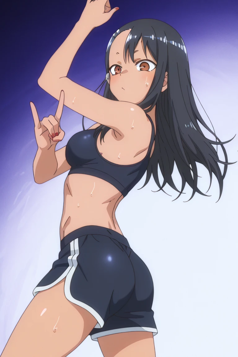 anime em um top preto e shorts ao lado de um gato preto, Nico Robin, hinata hyuga, is wearing a swimsuit, como um personagem de anime, sport bra and dark blue shorts, she is wearing a black tank top, Mayuri Shiina, Mai Yonyyama, Meninaime chamada Lucy, her navel is exposed, Junko Enoshima