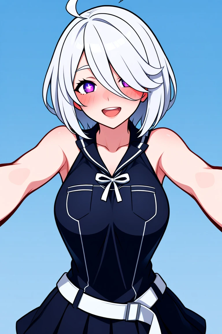 Same pose, same character, non-horror setting, innocent smile instead of a grin, blue eyes, cute