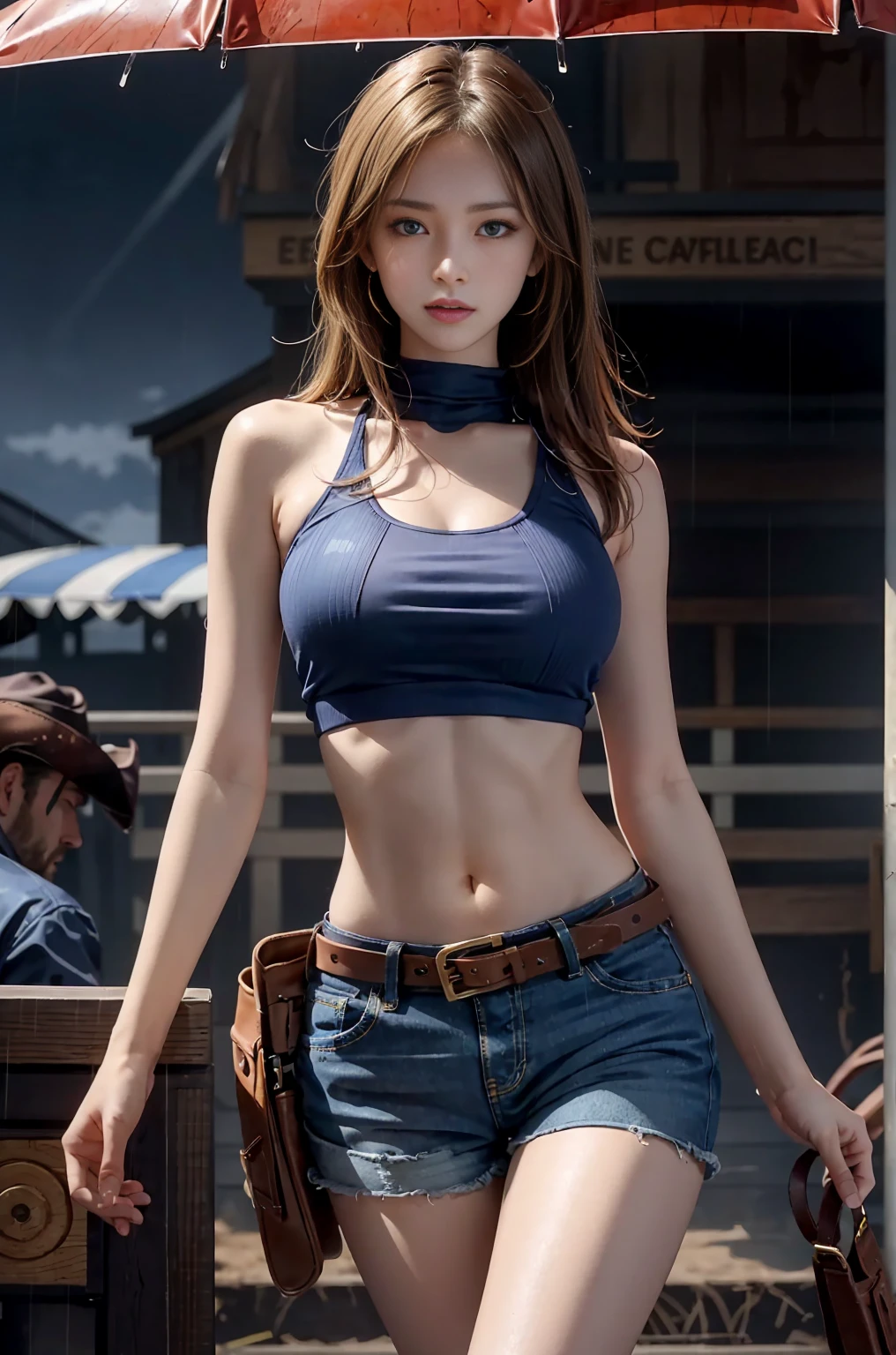 1 girl, masterpiece, macross delta splash art, best quality, tight white tank top, midriff, short blue jeans, big breasts, cowboy hat, gun holster on hip, highly detailed gun, realistic gun, Colt Peacemaker in hand, gun aimed forward, sheriff badge, bullets on belt, brown leather duster, leather overcoat, detailed eyes, sparkling eyes, beautiful hands, highly detailed hands, straight hands, shiny skin, shiny hair, blue eyes, light dark hair, tall, long hair, straight hair, full body, American flag, big breasts and slender body