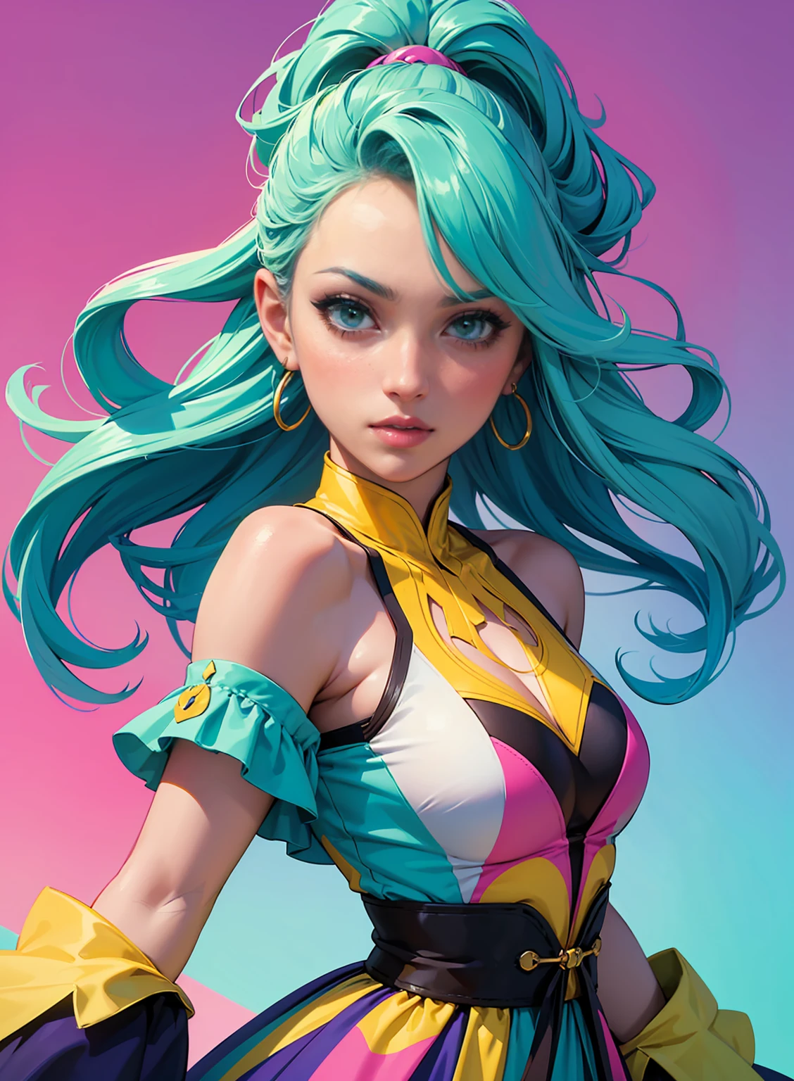 Create a high-resolution image of an anime girl with colorful hair and a vibrant outfit, displaying her unique personality. --auto