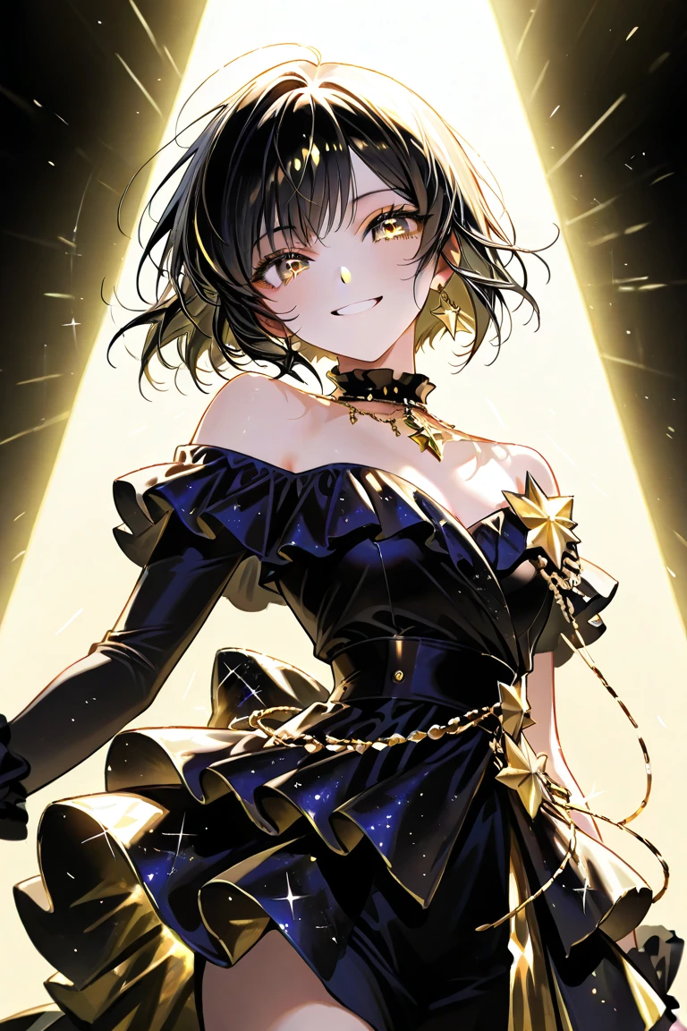 Black hair, short hair, short hair, small butt, smile, shiny hair, shiny skin, plump lips, expressive, cute and sparkly aura, alone, embarrassing, (highest quality: 1.2), (masterpiece: 1.2), watch the viewer,