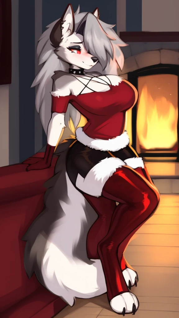 ((masutepiece)), ((Best Quality)), Expressive eyes, Perfect face, BREAK, 1 Lady, (Dark skin:1.4), (pointy ear: 0.7), (chubby:1.1), (Large breasts:1.3), Silver hair, Red Eyes, BREAK, Red Santa Dresses, furr, Belt bag, BREAK, Solo Focus, Catch Light, Christmas tree, (Room with warm Christmas decorations), (The red Santa dress is digging into my butt.:1.5), (big butts:1.3), (Angle from behind), (big butts:1.3)