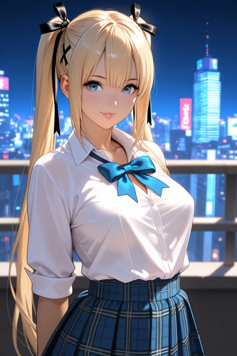 ((One girl)), Beautiful smile,Blushing,Open your mouth,Glossy Lips,Abstract, Yokohama night view park, ((Anime style background)),masterpiece, highest quality, so beautiful, Absurd, up to date, Complex details, Pink long nails,AI-generated, Complex,High resolution, highest quality, super high quality,3D Images、View the viewers、3D Images,one person,Long Blonde Hair,High Ponytail,blue eyes,Anime girl posing for photo, [[Fine grain、Colorful eyes、Shining Eyes:1.15]],(Squint your eyes:1.1),a hyperRealistic , hyperRealistic , Realistic , blonde anime girl with long hair, Smooth anime CG art, Beautiful anime school girl,White long sleeve blouse,Blue checked skirt,Big blue chest ribbon, Earrings,(Large Breasts:1.3),Mature Body,tall,Big Ass,Fine details,Abdominal muscles,(Look Back),Stick your butt out,Put your hands on your face