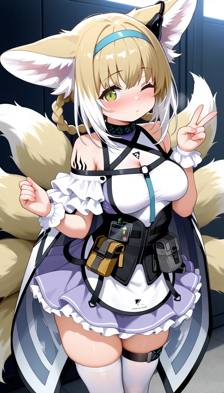 1 girl,lily of the valley \(arknights\),arknights,Cineminic angle,shortening,NSFW,brain out,naked,highest quality,超High resolution,masterpiece,High resolution,8K,UHD,detailed lighting,Fox girl,Fox_ears,animal_ears,animal_ear_fluff,The most beautiful blonde hair in the world,colorful_hair,white_hair,two - tone_hair,Braid,twin_Braid,hair_ring,前hair,hair_between_eye,Glowing big beautiful green eye,hairband,Blue hairband,tail,nine foxtail,multiple_tailed,kitsune,Broke up_lips,just_shoulder,white pantyhose,single glove,Black gloves,shirt,white_shirt,The ultimine beautiful girl in 10 years old,very beautiful face,extraordinary cutie,white and beautiful shiny skin,Sexy mega big,sensual,Plump,Chubby,thick thighs,big ass,looking for_in_viewer,City of night,whole body