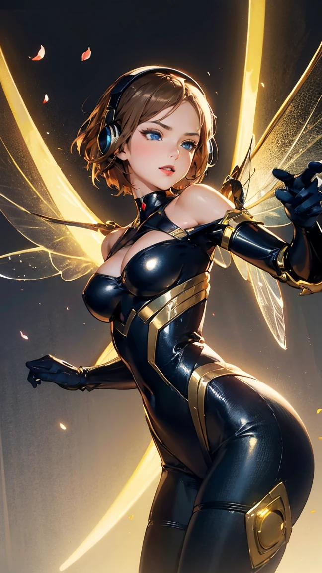 (((Black and golden)), ((best qualityer)), (((Back view))), (((perfect ass))), (((slim))), (Muscles), (((fit body armor suit))), ((Perfect masterpiece)), (detailded: 1.4), (absurdrez), (((long red hair with heavy bangs covering the entire forehead and a moth))), (((full body fitness, Venom symbol)), (((short hair woman, blushful))), 21 year old woman, beautiful sexy woman, giant robot pilot, wild with perfect corpo fitness, wearing small mecha battle armor clothes, tiny thong, Shonen manga style, clothing with Japanese cyberpunk graphic patterns, Halftone pattern and vertical stripes, earth tone, exiting the body of a giant robot, (((cowboy shot)))
