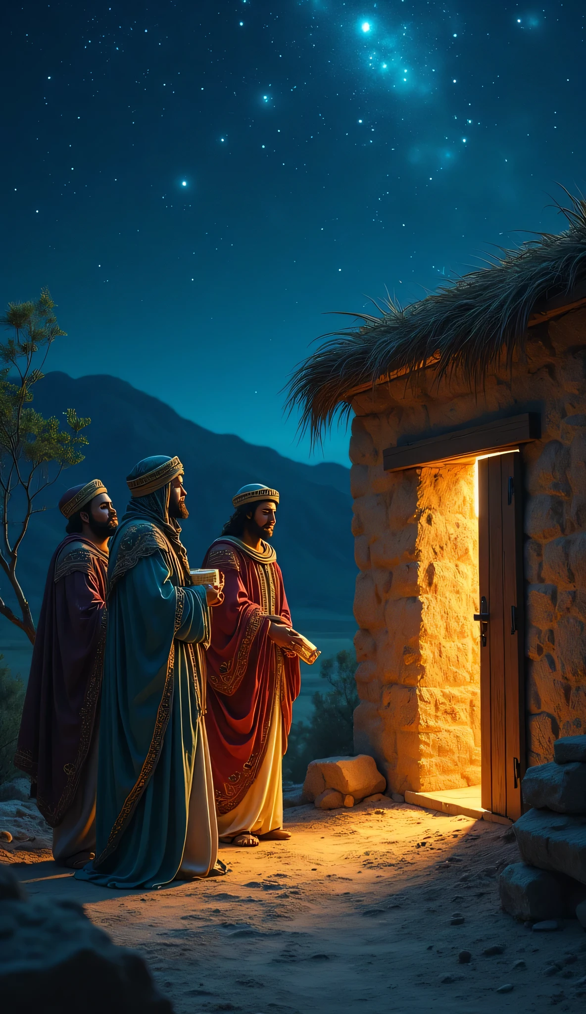 highdefinition images、Bible story、the three wise men who were led by the stars for Jesus' birth、how they arrive at Mary's house at night、in high quality image with light flying through the doorway