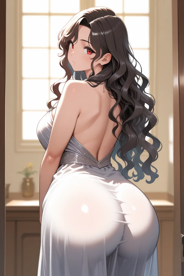Brazilian indigenous adult woman anime character, beige dress, brown skin, long hair with bangs, best qualityer, skin detailed, detailedeyes, orange eyes,8k, good shading, beautiful features, detailed back ground, good anatomy, milf, curvy body (big ass and big boobs).