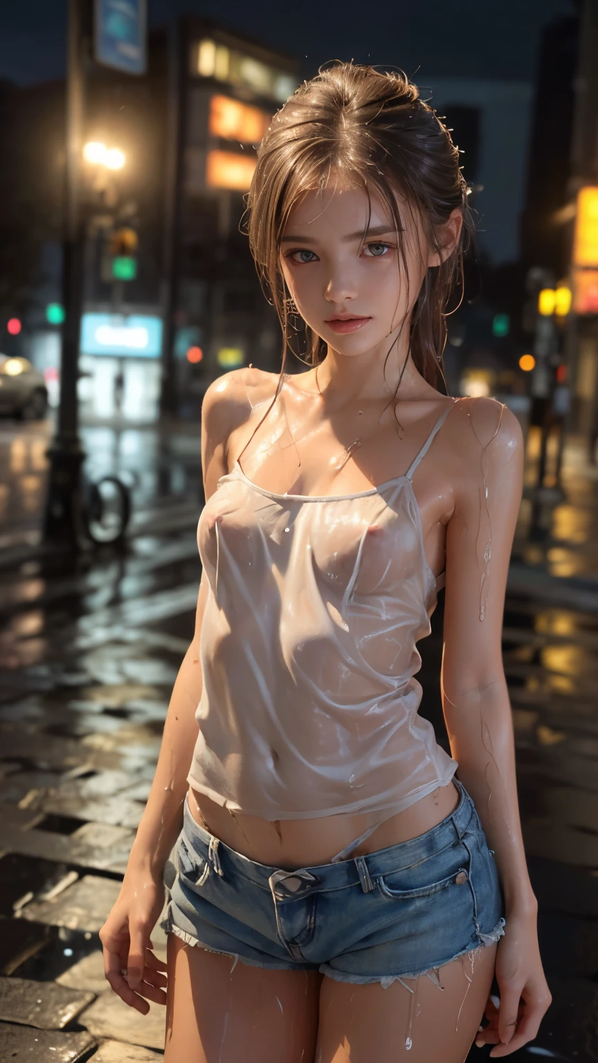 ((masterpiece,Highest Quality;1.3,best illustration)), ((Wet:1.5)), (beautiful breasts, Big breasts),2 people、Alone,((very small head:1.5)),dark haired, Open forehead, ((toned body, )),Beautiful skin, Beautiful skin, Oily skin, (Soaked in the rain、camisole、Micro shorts)、rain、 in the city at night、