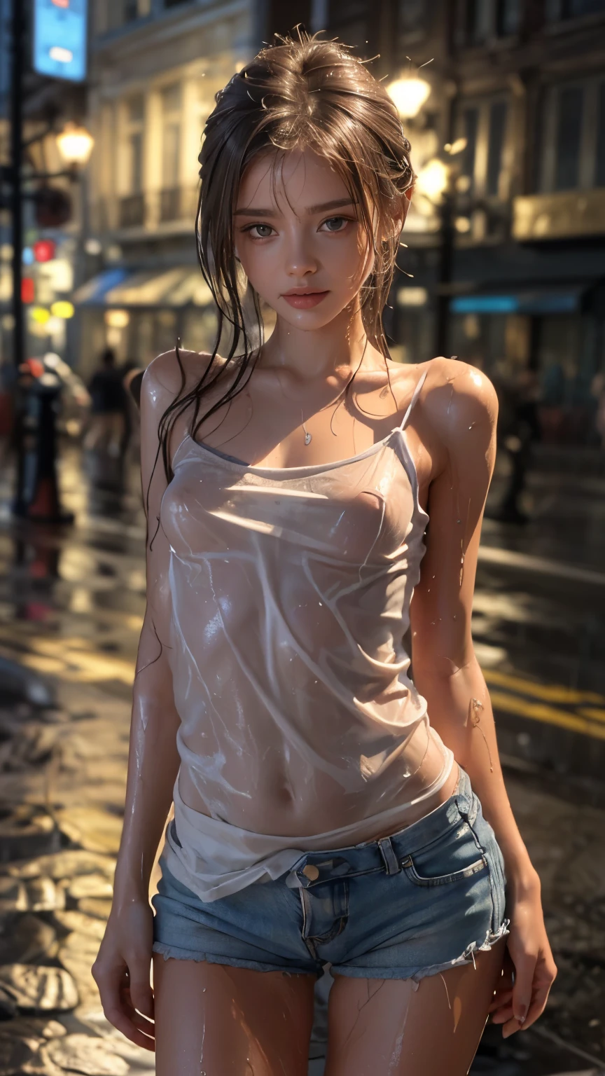 ((masterpiece,Highest Quality;1.3,best illustration)), ((Wet:1.5)), (beautiful breasts, Big breasts),2 people、Alone,((very small head:1.5)),dark haired, Open forehead, ((toned body, )),Beautiful skin, Beautiful skin, Oily skin, (Soaked in the rain、camisole、Micro shorts)、rain、 in the city at night、