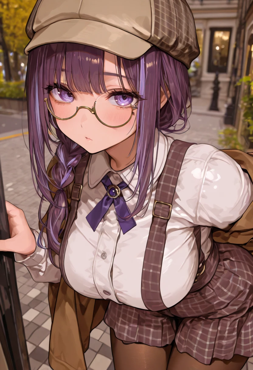((solo)), maximum masterpiece, amazing quality, absurdres extremely, HDR, highles, vivid colors, flawless smooth skin, large breast, close up, cowboy shot, long hair, multicolored hair, streaked hair, violet purple eyes, monocle, Detective costume, Gingham check patterns, suspender, culottes, brown tights, outdoors, bent forward, holding Mushimegane