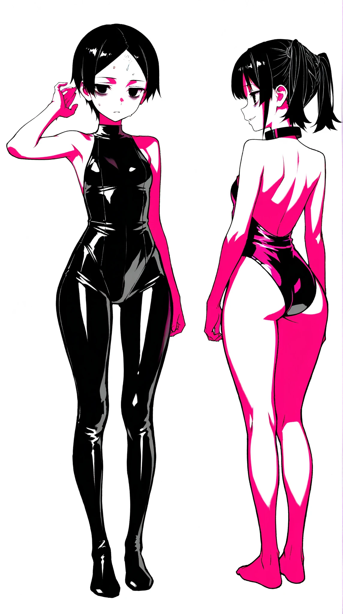 (anime, masterpiece, intricate:1.1), summer aestetic background, comics_darkstalkers_morrigan_aensland, 1girl, Slender hips, slim stomach, thin waist, sexy posing, back view, aesthetically pleasing rear view, right image only, looking at viewer, medium breasts, slim body, violet hair, violet eyes, skimpy black dress, long hair, black garter stockings, very short mini skirt, lingerie, heart shaped earrings, girly decorations, solo, flowers, modest smile, bright red lipstick, painted nails (red), from behind
