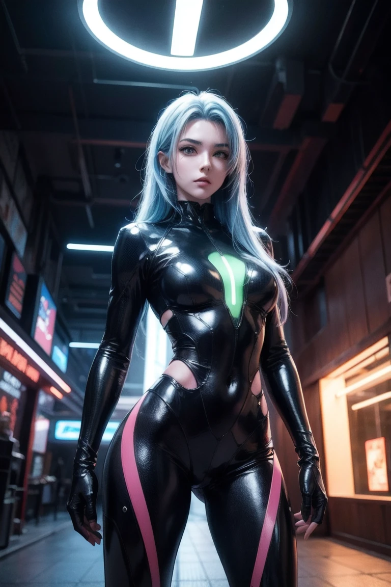 (best quality,4k,8k,highres,masterpiece:1.2),ultra-detailed,(realistic,photorealistic,photo-realistic:1.37),futuristic female cyborg,portrait style,metallic material,glowing blue eyes,sharp facial features,fierce expression,mechanical body parts,digitally enhanced long hair,futuristic armor,high-tech visor,powerful and confident stance,dystopian background,neon lights,colorful holographic projections,sci-fi lighting