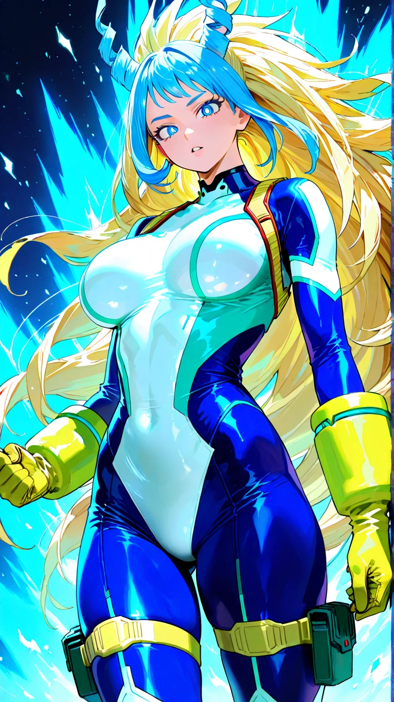 masterpiece, best quality, upper body, 1girl, superhero, leotard, bare legs, boots, matching boots, medium breasts, light particles, aura, blue aura, stand, standing, highleg, space backdrop, hand on hip, blonde hair, long hair