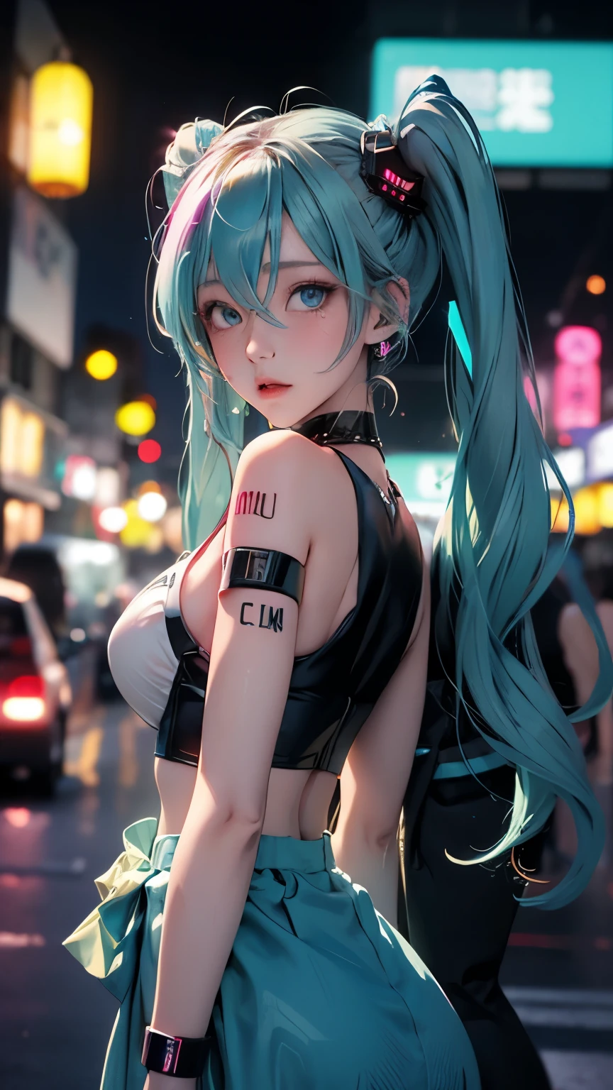 (photorealistic:1.8, highest quality:1.8,8K masterpiece:1.8,High resolution,muste piece:1.8,RAW Photos,cinematic lighting),No split screen, cyber punk、Highway at night、rain-soaked ground、
(1 android girl:1.3)、Completely naked、Full body tattoo、choker、beautiful breasts、T-shirt、denim mini skirt、beautiful butt、beautiful thighs,plump nipples、Nipples are visible through the costume,cameltoe,Body painting with a pop design drawn all over the body、pop art design、cutting edge fashion、conceptual art、
Provocative sexy poses、look back、Spread your legs apart、spread your legs wide、
(Beautiful shining vermilion green-blue golden-white hair:1.5)、shining blue eyes、Shy Smile
