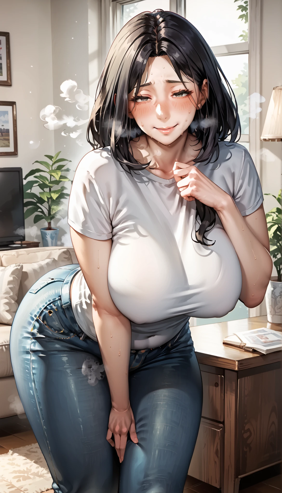 1 girl, NTR_face, mature woman, milf, motherhood, huge breasts, very big butt, plump, curvy, round face, small wrinkles around her eyes and mouth, black hair, medium hair, troubled face, detail, smile, blushing, sweating, steam, white t-shirt, long jeans, inside the house, living room, village view through the window, morning, standing, hands behind, body leaning forward, wedding photos on the wall