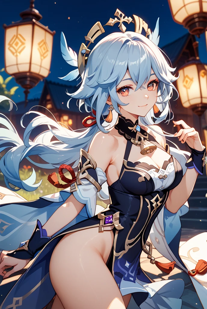Anime Style,Nostalgic,Detailed background,The medieval world,A lively space with many people々A palace-like cave,A beautiful smiling bard elf with light blue hair,Large Breasts,Healthy thighs,Underarm,M-shaped legs