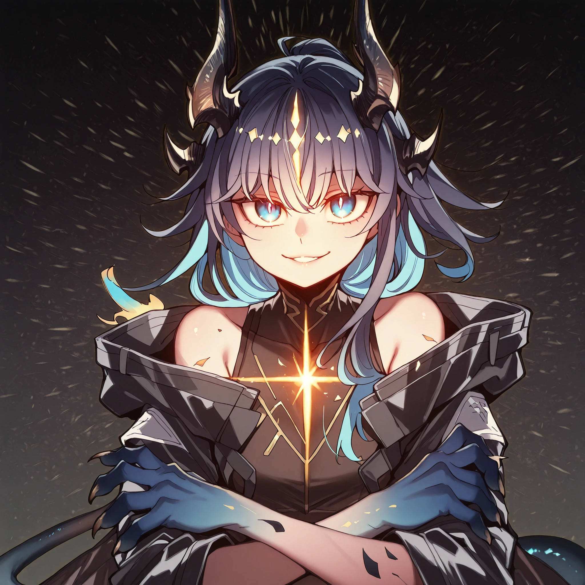alone, 1 boy, young character, Character with height of Nian from "arknights", the character is male, young, 
black horns like Reed The Flame Shadow from "arknights", black tail like Reed The Flame Shadow from "arknights" but with blue flame on the tip); 

very dark black hair with blue inner parts, the character's hairstyle should be the same as Alice Zuberg from "Sword Art Online", long bangs, black hands and arms with blue details and spots; 

The character's face should be the same as Nian from "arknights" but with blue eyes, flashy blue eyes, provocative face, provocative smile, young, perfect and beautiful face; 

perfect anatomy, arms colored in the style of Lloyd de Saloum [Dainanaoji] (but the arms and hands should be painted black with blue details), hands with claws, arms with blue details; 

Black coat like Reed The Flame Shadow in "arknights", undergarment should be a black skintight outfit with gold details and cyberpunk design, arms and shoulders exposed, short stature;

arms colored in the style of Nian "arknights" but the arms and hands should be painted light blue with gold details, Black coat like Dusk The Flame Shadow in "arknights", arms and shoulders exposed, short stature, arms and hands should be painted light blue with gold details, hands with claws, black cyberpunk style body-hugging underwear;

black background, attacking stance, looking at the viewer, and hands with blue details, arms colored in the style of Nian "arknights" (but the arms and hands should be painted black with blue details), arms and hands should be painted light blue with gold details, hands with claws, blue hands and arms with claws;

Flashy pose, shoulders and head exposed, close to the face, looking at the CHARACTER, looking at the viewer, face to face, provocative smile, confidence, height similar to Nian "arknights", black horns like Reed The Flame Shadow of "arknights", black tail like Reed The Flame Shadow of "arknights" but with blue flame at the tip;