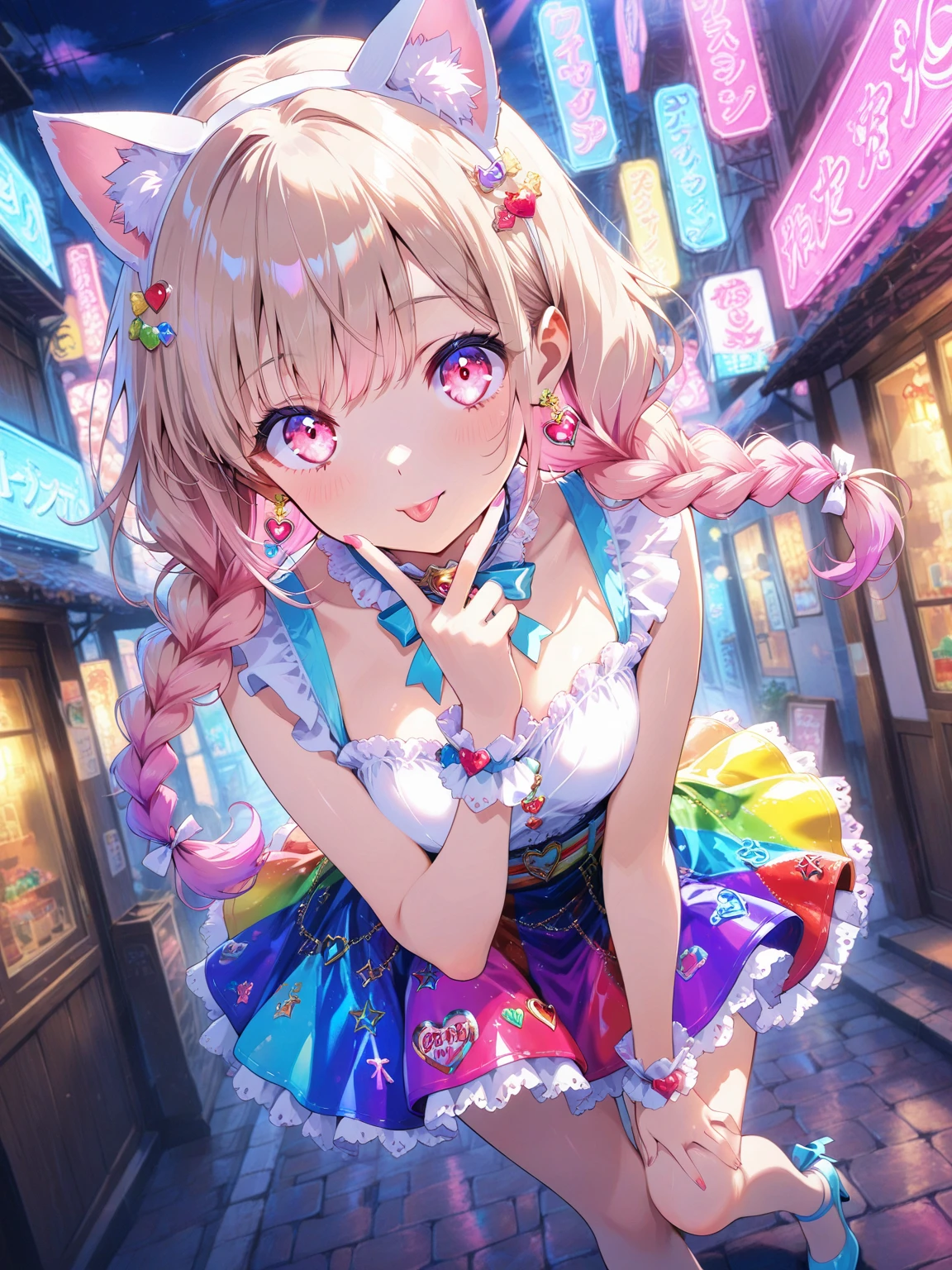 (Highest quality, 8k, 32K, masterpiece, Ultra-high resolution,:1.2),to be born, One Girl,So cute , Casino-like fantasy background, clear, Shining Eyes, Age 25 ,Fair skin, Girl with colorful hair, Fantasy Clothing, Short Hair, An innocent smile, Small Dress, night, Bunny girl, Rabbit Ears,Nyan Nyan Pose,sexy,Large breasts,Huge