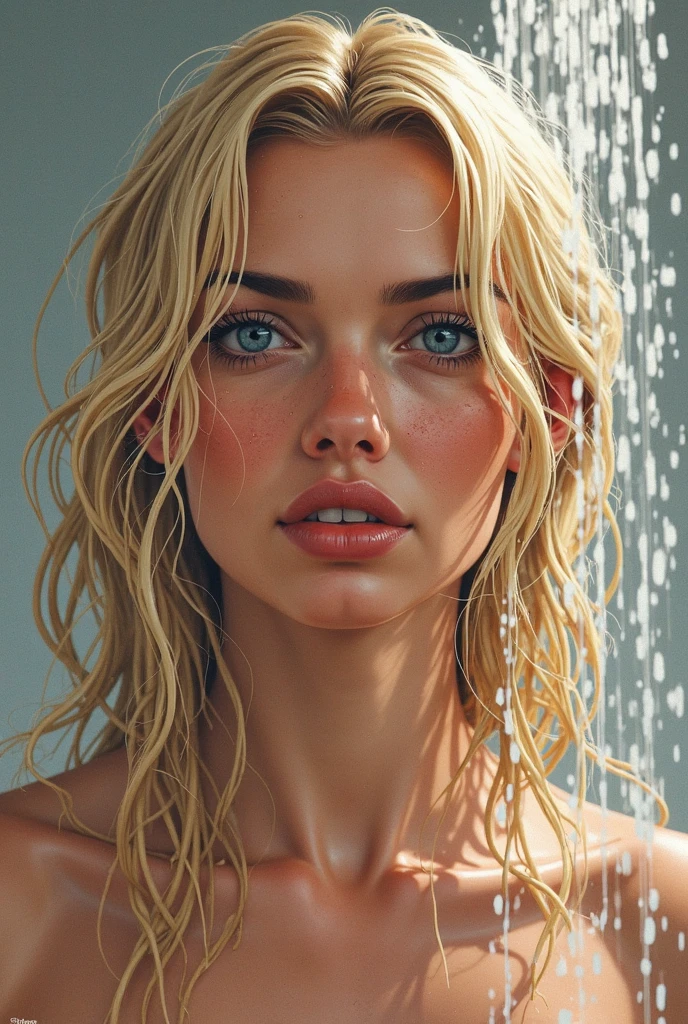 Nsfw, Medium shot photograph of a blonde girl getting wet in the rain, translucent blue dress, ((huge big breasts)), (rain: 1.5)), (wet face), (wet body), detailed skin, ((hair_over_eye)), ((heterochromia eyes blue_pink)), (background street to city), 64k, UHD, HDR, ((high quality)), masterpiece, ((intricate details)), (cover:1.5), majestic, 2d anime, style anime
