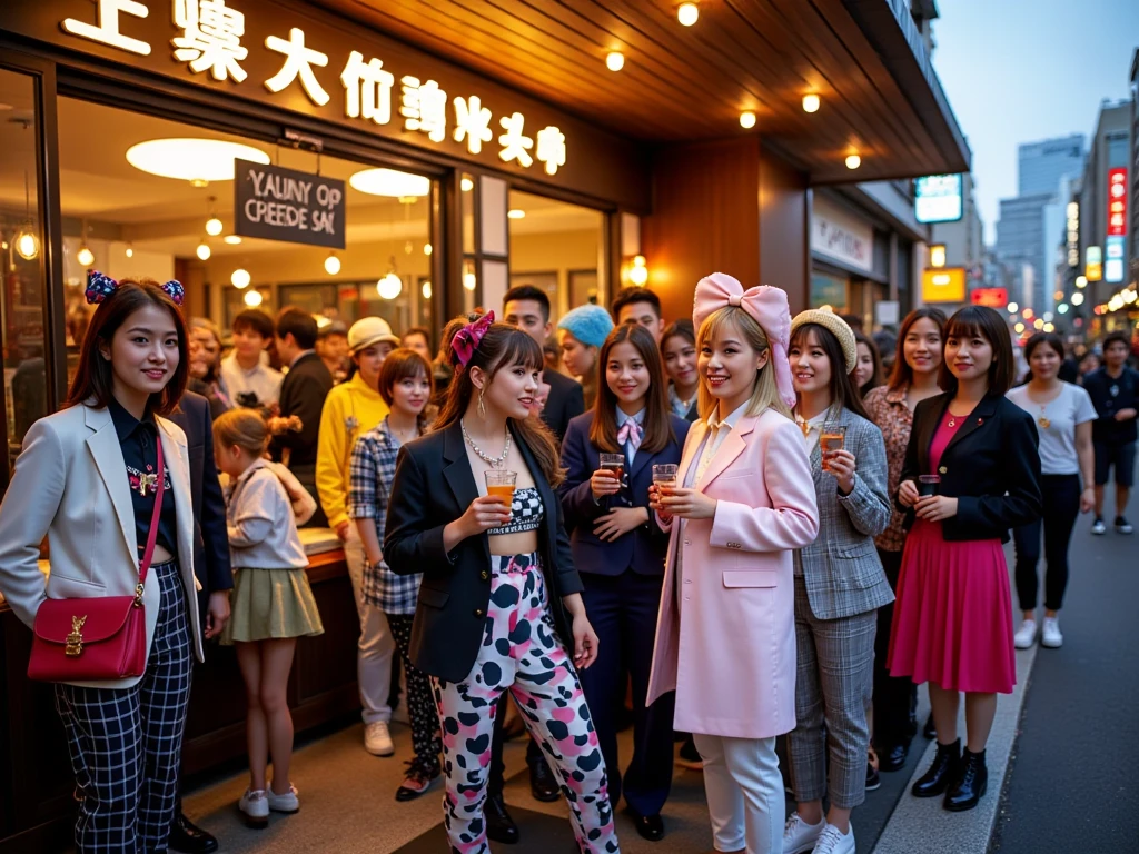 A vibrant scene filled with a diverse group of fashion-forward individuals showcasing eclectic and extravagant Harajuku style. Each person boasts unique outfits adorned with bright colors, layered textures, and bold 
accessories, such as oversized bows, colorful hair, and playful patterns. They stand eagerly outside a posh 
sushi bar, which features elegant wooden architecture and a shimmering glass facade, reflecting the neon lights of the surrounding city. The atmosphere is lively and buzzing with anticipation, capturing the youthful spirit of Tokyo fashion culture. The lighting is a mix of warm golden hues from the restaurant's interior and cool blue tones from the evening sky, creating an inviting yet energetic vibe. The artistic style leans towards 
hyper-realistic, showcasing intricate details in clothing fabrics and expressions, emphasizing the joy and 
excitement of the crowd.

Overall, it's an absolute world-class masterpiece. It's an aesthetically pleasing image with impeccable 
attention to detail and impressive composition., natural beauty