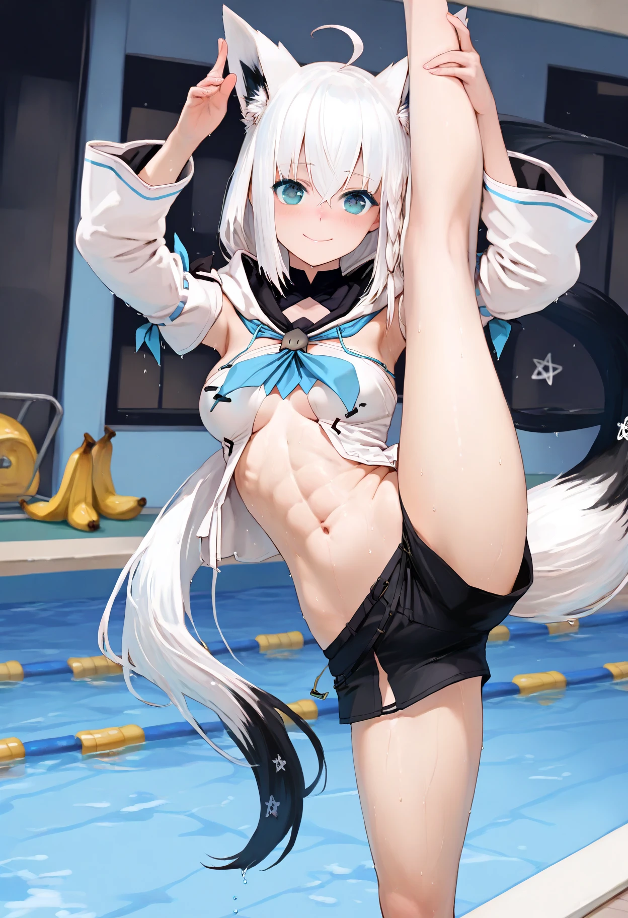 girl with,full body Esbian，White hair,e Blue Eyes,,Shy,,(()),Medium Hair,gymnastic suit,Run on the playground,Hair in one eye,