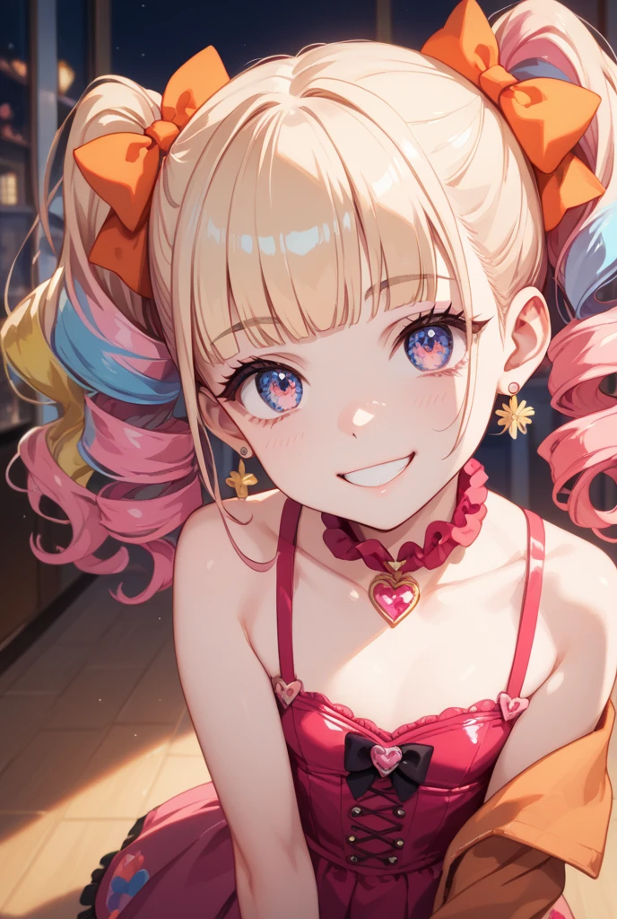 woman,14 years old,,city,night,(((Micro Swimsuit))),(((wet with sweat))),open mouth smile((())),((Beautiful long ponytail)),((a large amount of pink slime)),blush、surprised face,,((blonde))((()))