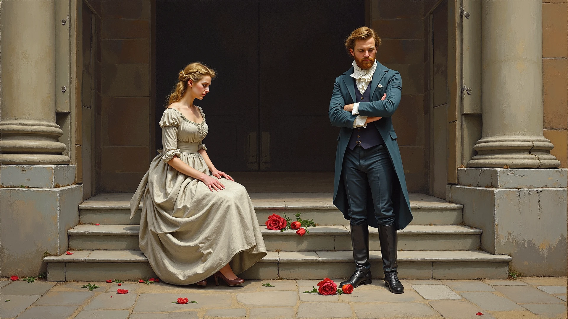 a man and woman wearing dresses are holding hands, in the style of historical painting, realistic figures, charles philipon, illustration, cranberrycore, Victorina Duran, full body