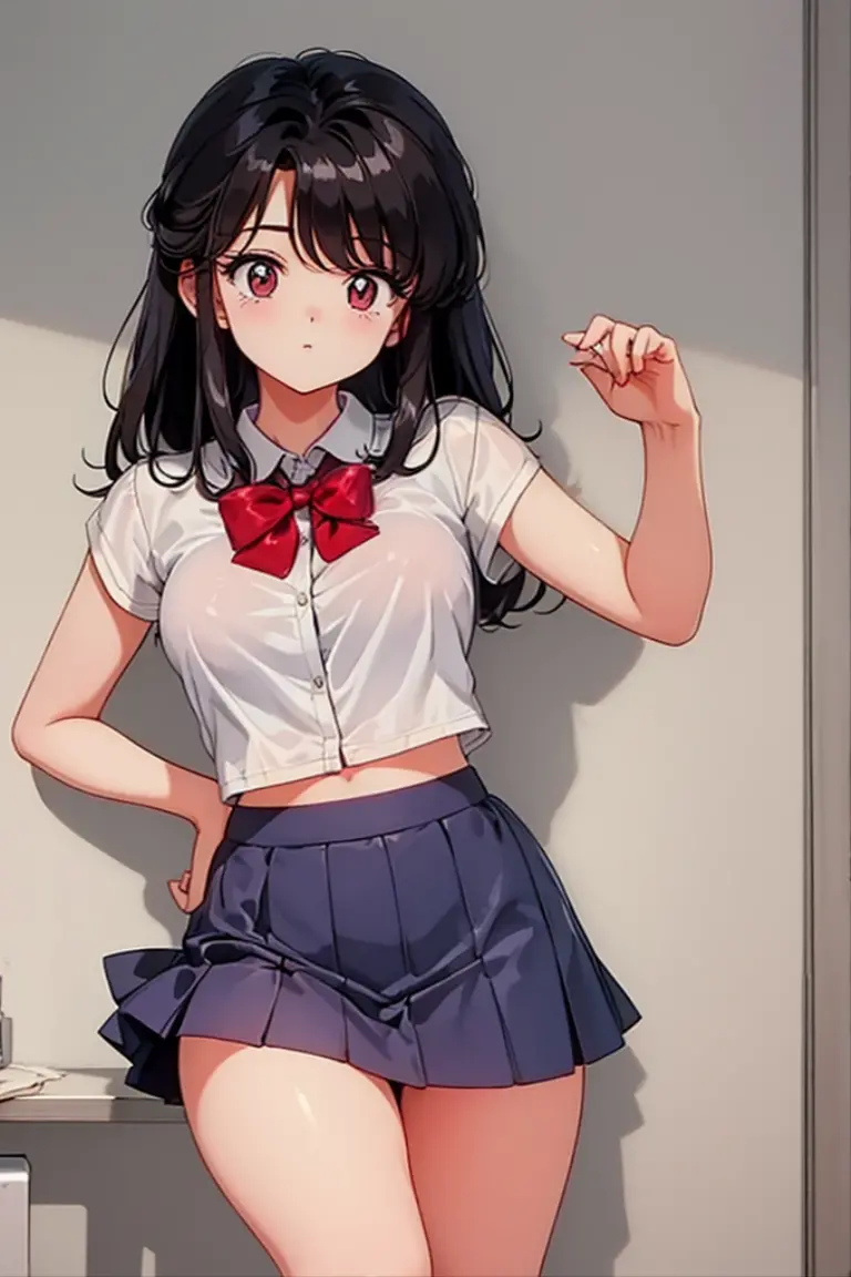 (masterpeace, best quality), Sarada Uchiha, black hair, glowing red eyes, sharringan eyes, petite, schoolgirl, school uniform, upskirt, lace panties, lying on desk, from behind, round bottom, classroom, smile, fun, volumetric lighting, sunlight, bright, lewd face, sexual expression, surprised face, open mouth, blushing, blushy red cheeks, wet tongue, tongue sticking out, string of saliva, radiant lightning shining from background center, drool, right hand on collar bone, left hand on inner thigh, sweaty, hot,