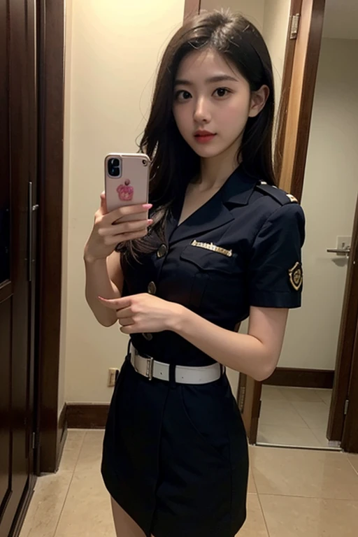 Japanese Beauty、Brown Hair、Blue miniskirt police uniform、Cosplay、Selfie