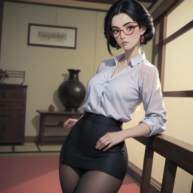 masterpiece, Very detailed, 8K Portrait, RAW Photos, Portrait Photography, Very detailed顔, 1 female, (Fighting Pose), 33 years old, (Small eyes), Glasses, (Black short bob hair), (Hair on one eye), (White skin color), (Loungewear:1.5), Midday Sun, Ultra-realistic, Body Model, (Small breasts:1.2), Beautiful breasts, (Big Ass), Long legs, living room, Ambient Lighting, Shadow Details, Camera focus on face, Strong winds, Light fog, ,Luxurious white lace bra, A shy smile, Brushing gesture&#39;Hair back,Lean back, 