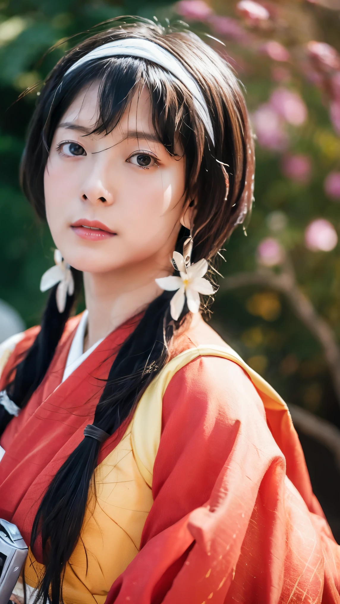 (masterpiece), best quality, expressive eyes, perfect face, photorealistic, high resolution, 1women, mature female, solo, hips up, emma \(sekiro\), japanese clothes, kimono, single hair ponytail, haori, mature female, kunoichi, fishnets, sandals, holsters, visible vulva, edo background, short hair, 1girl, hair ornament, hair flower, low twintails, long hair, izumi kyouka, hairband, holding gun ppsh soviet