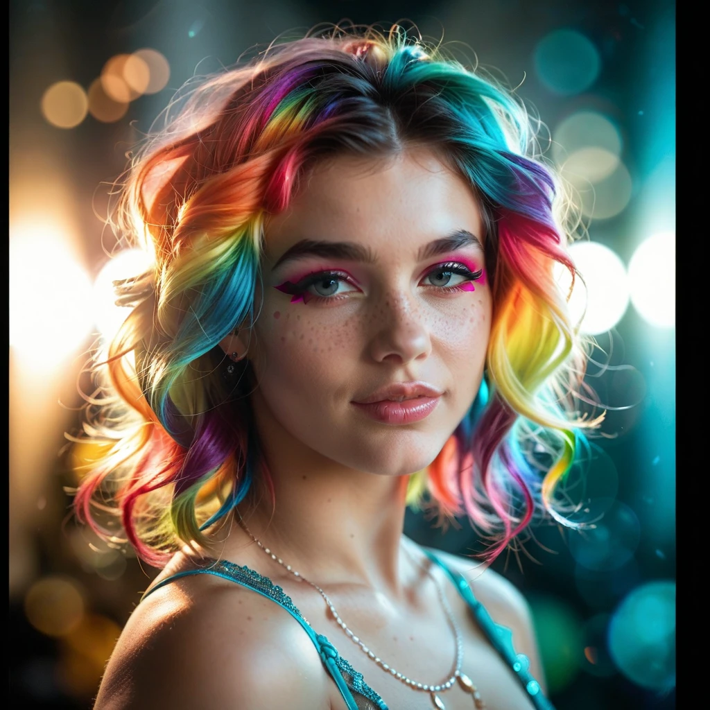 Una mujer con cabello colorido de pie en una corriente de agua, The curls are stained with paint of different rainbow colors, una joven linda y hermosa, foto hiper real, Lleva un abrigo mojado, hermosa joven gatita, Drip technique, discordia pfp, Color de 10 bits, saliendo perfectamente de su cabeza, rociar, HDR, 8k