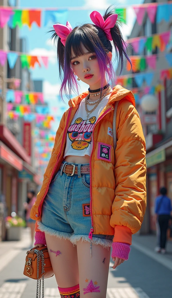 super smile, laughter, 1 girl, 8k quality, masterpiece, best quality, solo, high resolution, street art, dopamine dressing, loose clothing, colorful accessories, jewelry, perfect combination of trend and street, flat model, dopamine pants, summer, sexy face shape, ether, packaging bag, newspaper, graffiti, sticker, creative