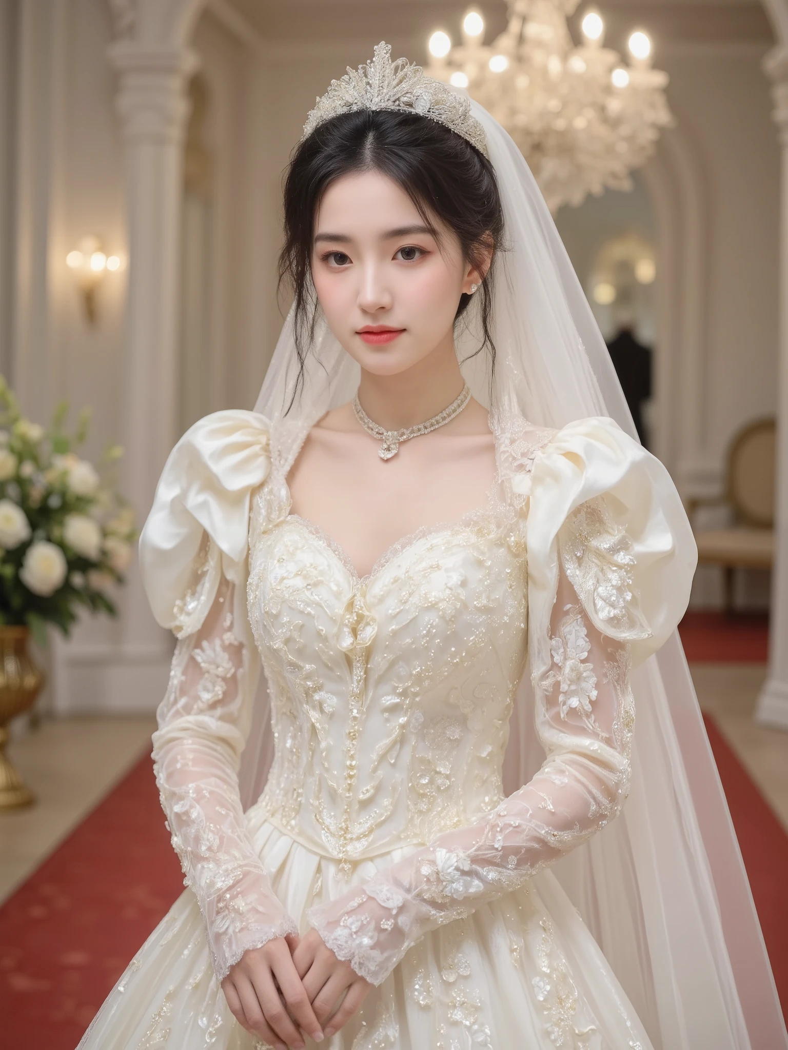 4K raw photo. Realistic.
A cute Japanese woman wearing a luxurious, pure white wedding dress with subtle gold embroidery that accentuates her lines and a wedding veil. She has long, straight black hair.
She is standing on the red carpet in the hall of a Western-style mansion made of sparkling crystal.