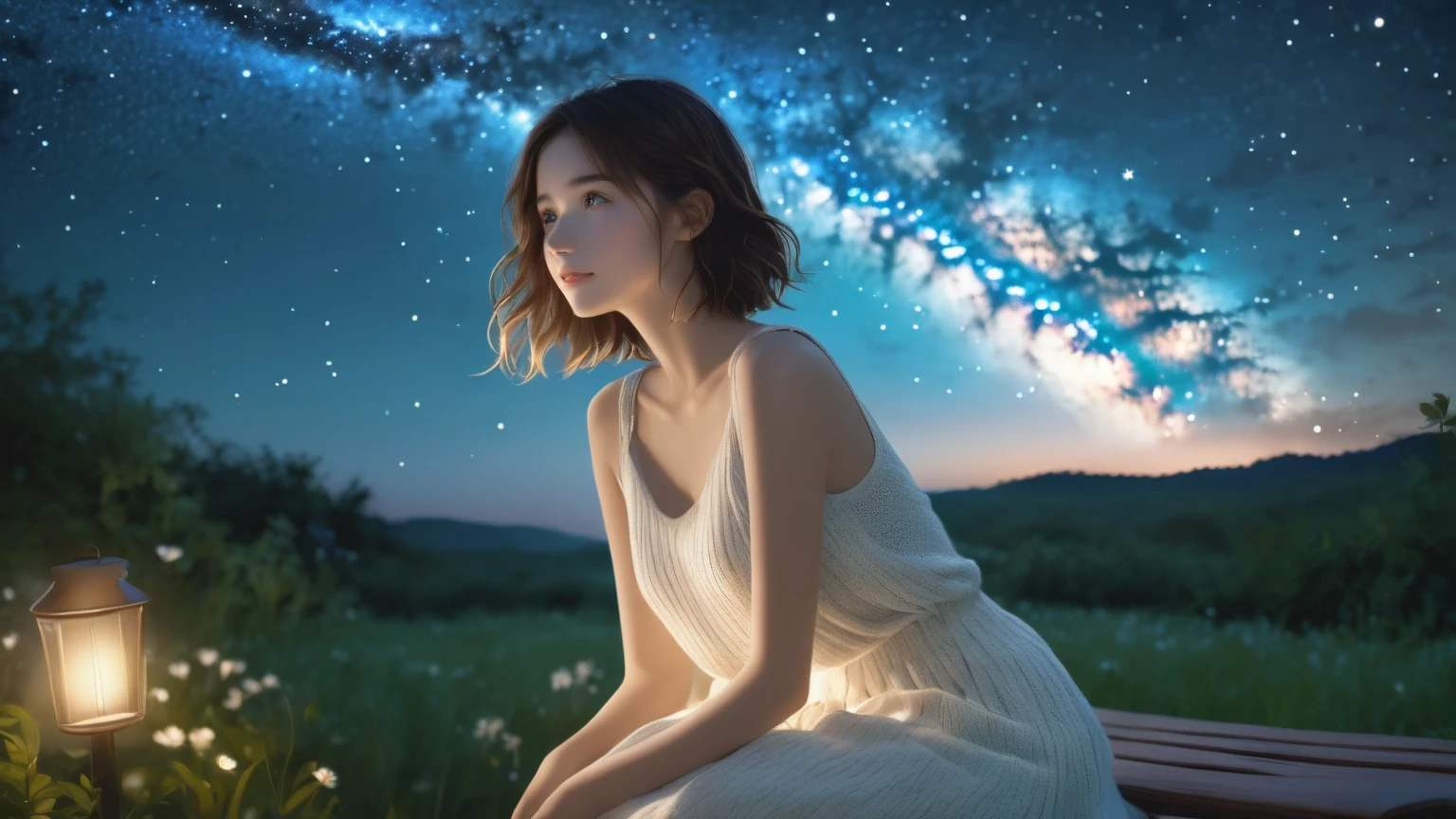 25-year-old girl, Bust photo, short hair, half body shot, The background is a shooting star streaking across the dark sky