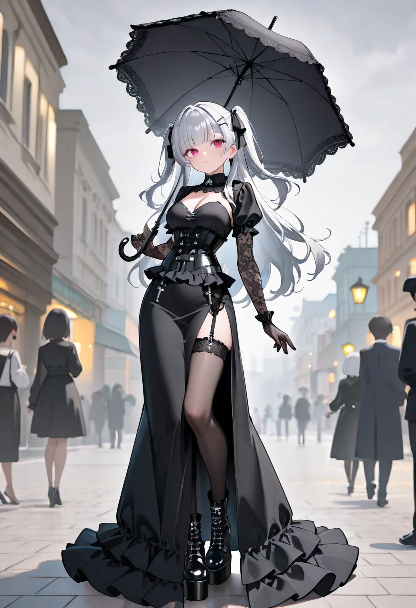 best resolution, Walppaper HD 8K, beautiful and detailed face, gothic woman wearing long dark dress holding an umbrella walking on a dark street with only one streetlight lit rainy night.