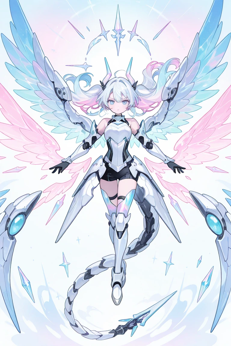illustration, 1girl, solo, half body, (dynamic pose:1.4), Mecha, machine, single tail, Mechanical body, detailed background, dynamic lighting <lora:dragon ear_20230623155318:0.6> Dragon wings, dragon tail, dragon horns, (blue highlights:1.2), (green:1.4), (grey:1.5), (face focus, close-up:1.6)