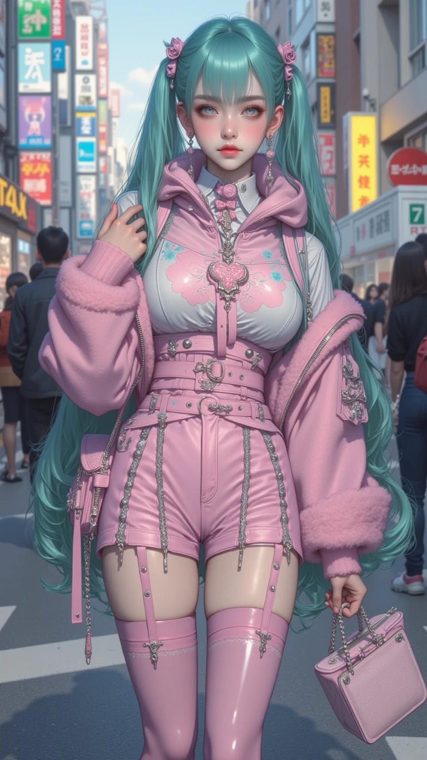 Pastel rainbow hair, soft beauty, pastel rainbow sweater, cute pastel rainbow skirt, pastel rainbow leggings, pastel rainbow shoes high tops, pastel accessories, decora kei, thick thighs, large breasts, cute pose, full body, ahegao