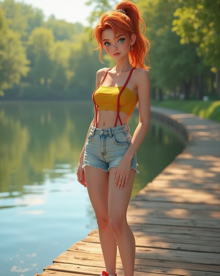 a one woman, long straight red hair, of the whole glass, perfectbody, muslos grandes, blue colored eyes, (Ex micro bikini), freckles on the face, face detailed, standing, in a park, ray tracing, high resolution, super detaill, 8k, Overview
