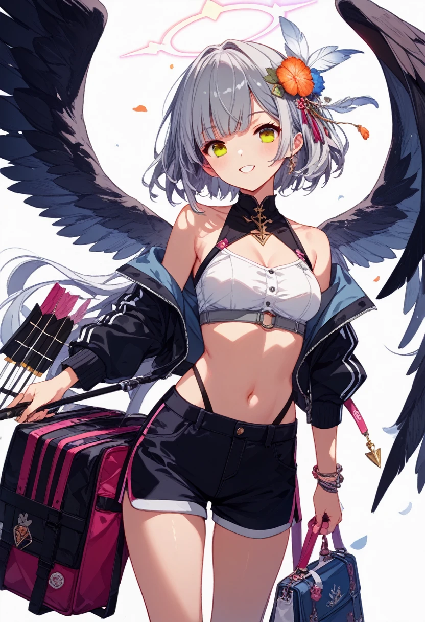 White hair. Long hair. Miniskirt. Parka. Earring. Angel wings. Heart-shaped vacant chest. Heart logo. A big smile. Inside the game center. White wings. Navel. Futomo. Navel out. Put on the hoodie hood.