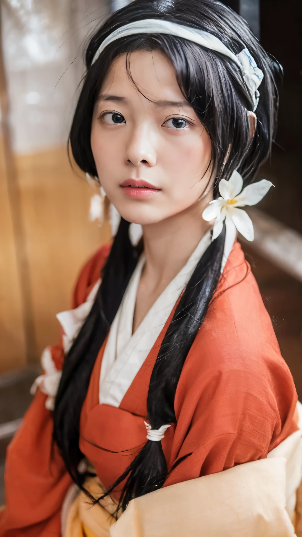 (masterpiece), best quality, expressive eyes, perfect face, photorealistic, high resolution, 1women, mature female, solo, hips up, emma \(sekiro\), japanese clothes, kimono, single hair ponytail, haori, mature female, kunoichi, fishnets, sandals, holsters, visible vulva, edo background, short hair, 1girl, hair ornament, hair flower, low twintails, long hair, izumi kyouka, hairband, pregnant, impregnated