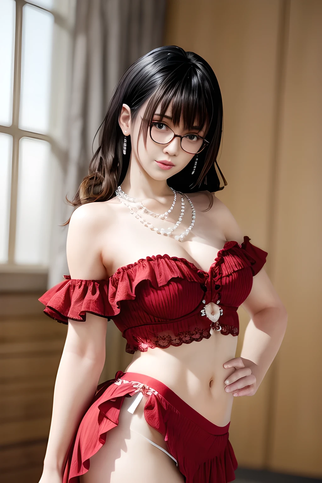 (4 k、top-quality)、(realisitic、Photorealsitic)、(Yakian)、
1girl in、独奏、fullllbody、(face to the viewer)、
perfect hand、up looking_で_the viewer、
whiteshirt、
in a house、natta、finerly detailed face、wearing round glasses、Slightly chubby、The best smile、You can see the double teeth、white hairband、Black hair shortcut hair,(super gigantic breast, Wearing a black bra、cleavage:1.2),(Wearing red lace cheongsam:1.3), (Cameltoe),35 year old、Panty T-back、Nogizaka Idol、actress、Korean Idol、hposing Gravure Idol,place one's arms behind one's back,raise both arm,(Aside)、Sitting on the bed、Open your legs forward