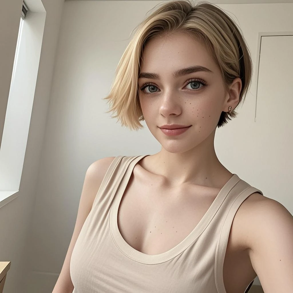 self confident young woman with short blond hair doggy style