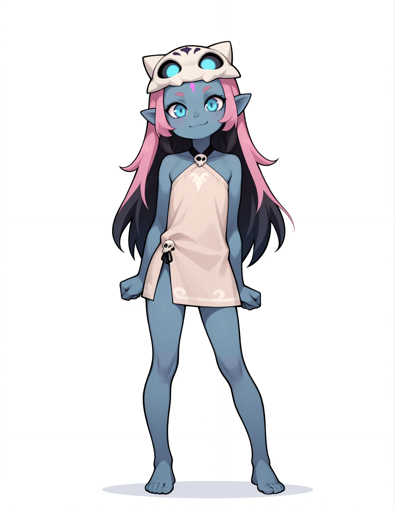 best quality, absurdres,full body, CWITS, barefoot, short beige dress, halterneck, bare shoulders, sleeveless, mask on head, mask, skull, blue eyes, blue skin, pink hair, forehead mark, pointy ears, black hair, two tone hair, 1girl, solo,white background,slim,blue hair,long hair,standing, smile, looking at viewer