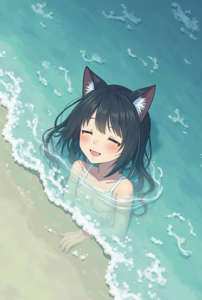 (best quarity,ultra detailed,ultra-high-resolution, absolutely resolution,8k, masterpiece),anime,(pale colors:1.8),long shot, 1girl, solo, cat mouth, hands up, (shoulder-deep in water:1.3), smile, closed eyes, opened mouth, fang, pointing ups, blue hair, bobcut, straight hair, racoon ears, racoon tail, (brown streaked hair:1.3), (blunt bangs) ,wet hair, wet skin, thick eyebrows, big breast, off shoulder bikini, water splash background, summer, fullbody,